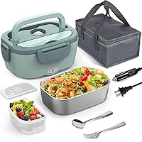 Electric Lunch Box Food Heater, 60W Heated Lunch Box for Adults, 12V 24V 110V Portable Food Warmer LunchBox for Car Truck Work with Removable 304 Stainless Steel Container, Carry Bag