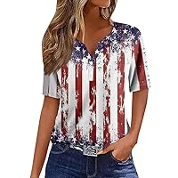 Womens Patriotic Shirts,Independence Day Shirts for Women Short Sleeve V Neck Button Tops USA Flag Stars Stripes Print Patriotic Blouse 4th of July Shirts