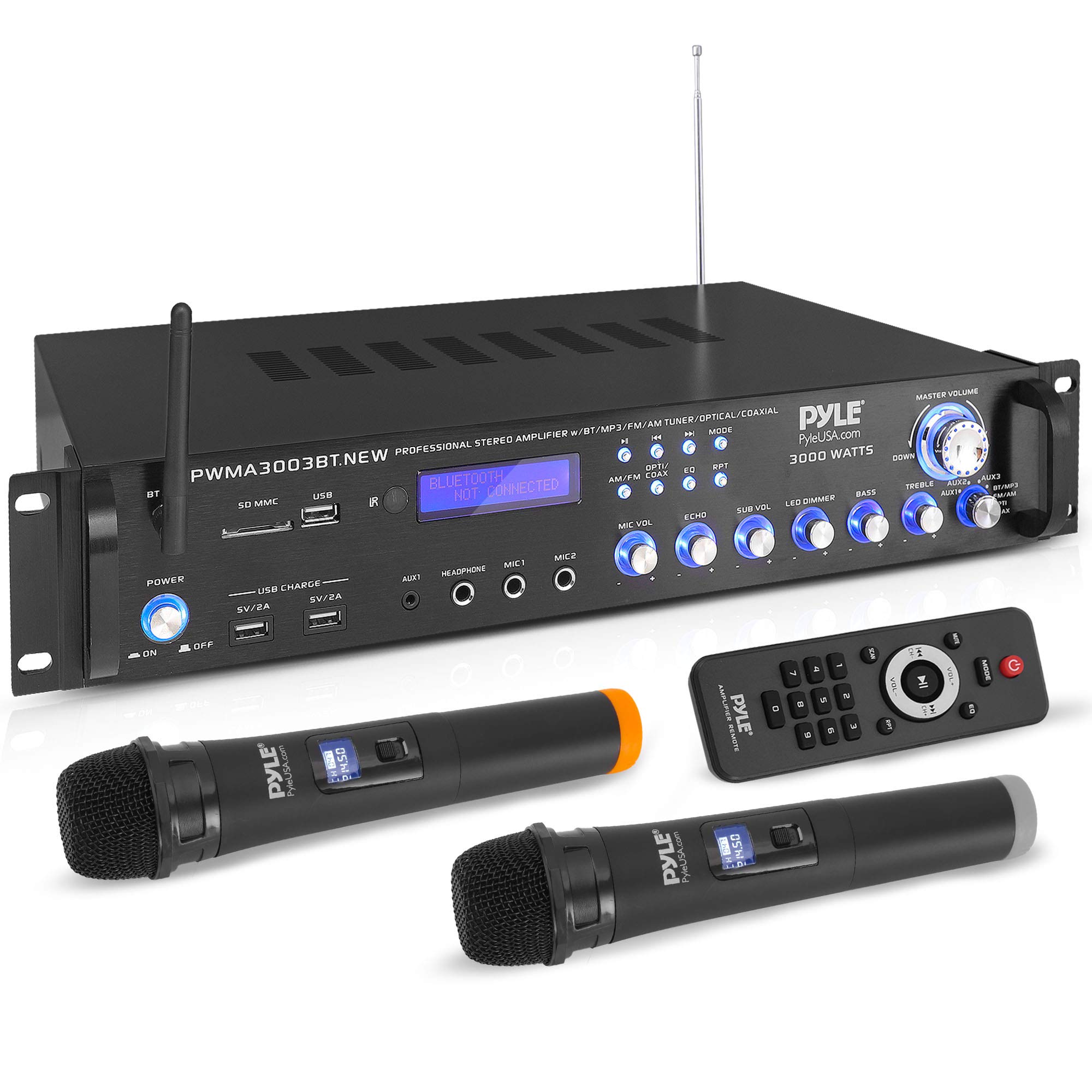 Pyle Bluetooth Home Audio Power Amplifier -4 Ch. 3000W, Stereo Receiver w/Speaker Selector, FM Radio, USB, Headphone, 2 Wireless Mics for Karaoke, Great for Home Entertainment System