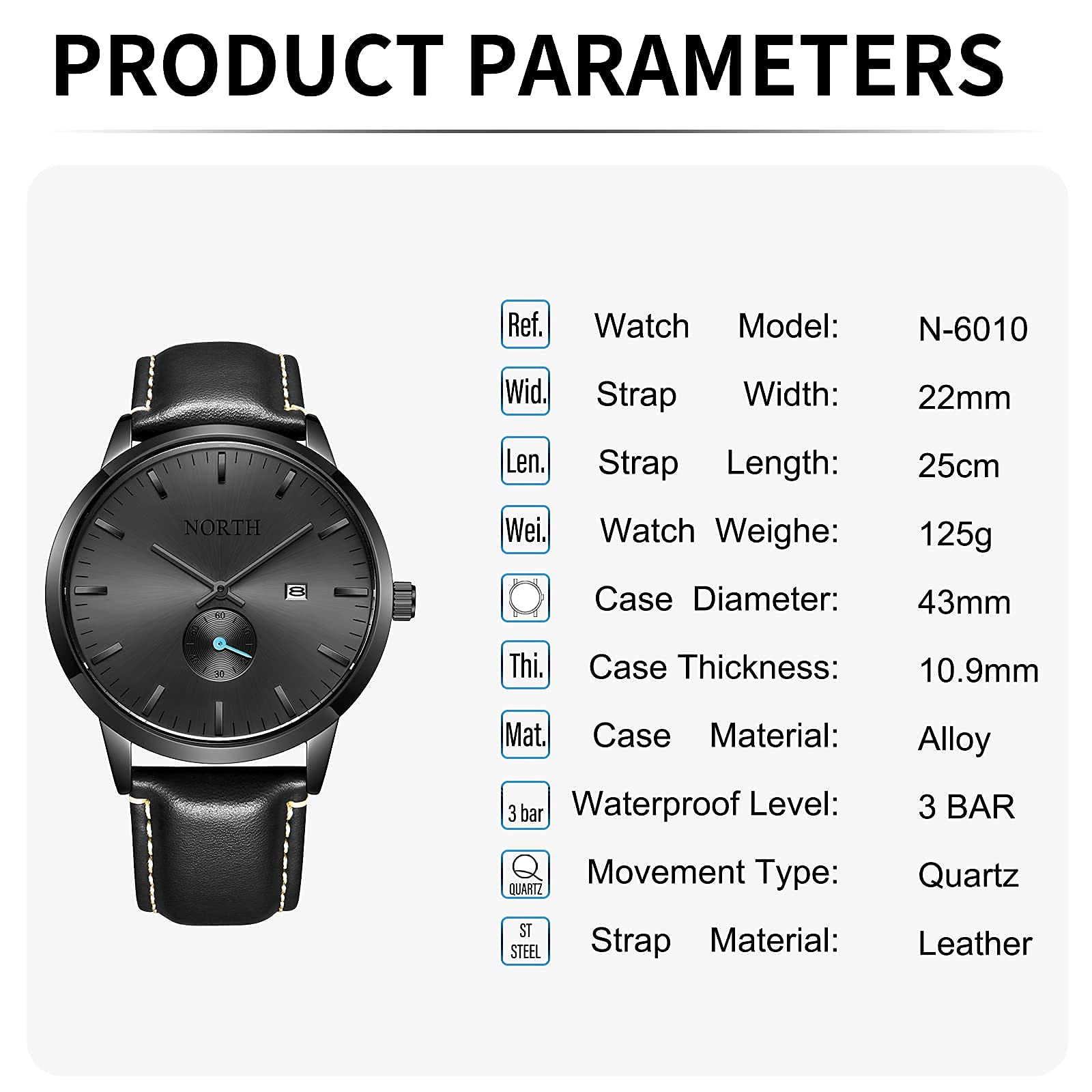 Black Waterproof Watch for Men,Analog Mens Watch with Day,Men's Wrist Watches Leather Band N6010