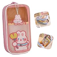 Cute Pencil Case Clear Kawaii Pencil Case with Cute Pendant Aesthetic Foldable Pencil Pouch Marker Case Holder Storage Bag (Pink-Rabbit)