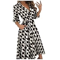 Women's Dresses Summer Plus Size Fashion Casual Lapel Solid Color 3/4 Length Sleeve Elegant Long Dresses