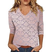 Juniors Tops, Women T Shirt Ribbed Turtleneck Tops for Women 3/4 Sleeve Tops Womens Casual V Neck Shirt Fashion Blouse Retro Print Summer Trendy Tunic Tee Womens Business Casual (Rose Gold,Small)