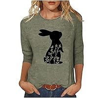 Happy Easter Shirt for Women Funny Bunny Rabbit Graphic Tee 3/4 Sleeve Crewneck Tunic Tshirt Cute Festival Blouse Ladies Gift