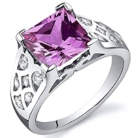 PEORA Created Pink Sapphire Ring for Women in Sterling Silver, Vintage Lattice Design, Princess Cut 3.25 Carats total, Comfort Fit, Sizes 5 to 9