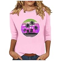 Tops for Women, Womens 3/4 Sleeve T Shirt Crewneck Cute Shirts Casual Fit Tropical Print Trendy Three Quarter Length Blouses