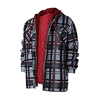 Men's Hooded Quilted Lined Flannel Shirt Jacket Long Sleeve Plaid Full Zip Jackets Winter Thick Warm Coat