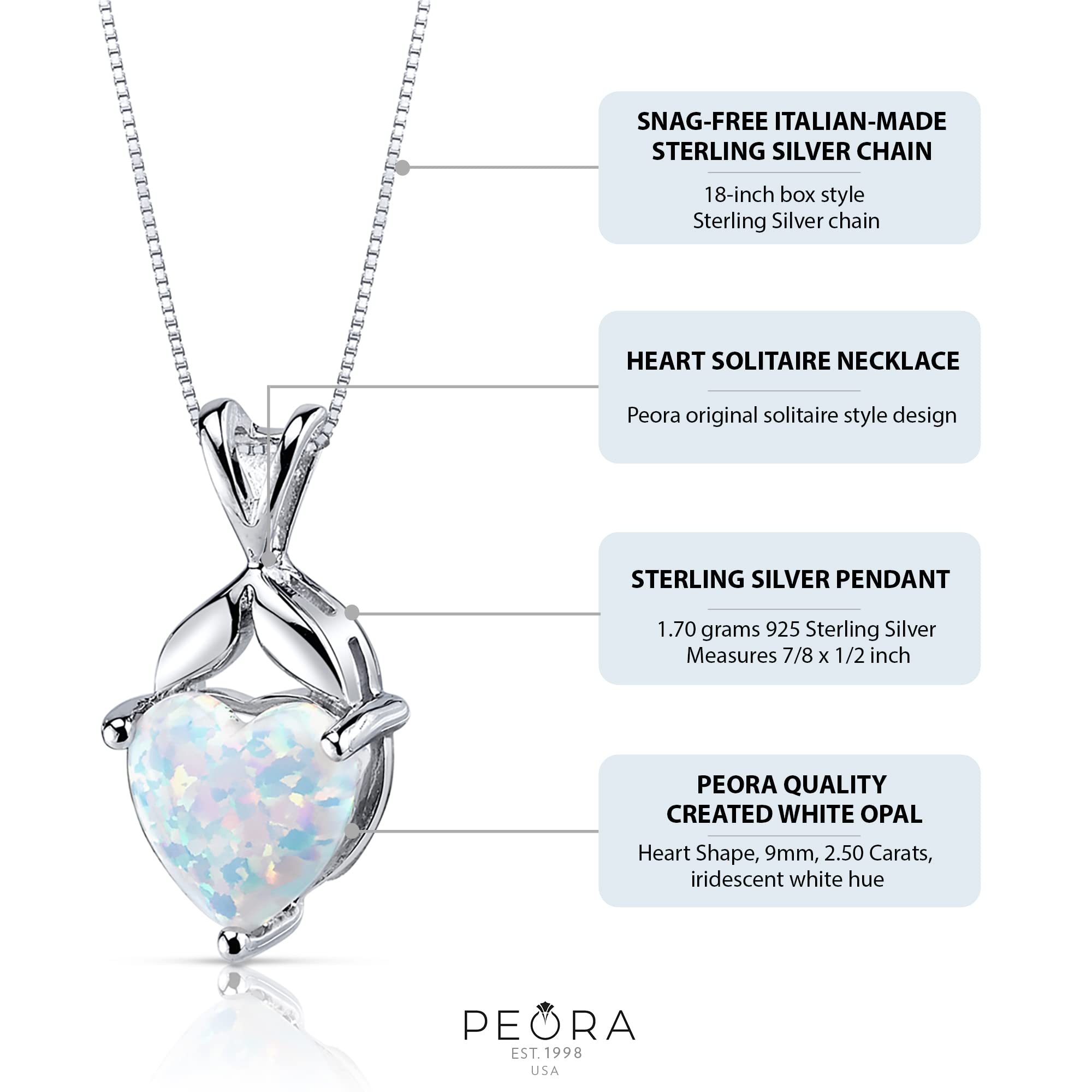 Peora Created White Fire Opal Pendant Necklace 925 Sterling Silver, Classic Solitaire, 2.50 Carats Heart Shape 9mm with 18 inch Chain