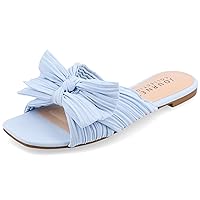 Journee Collection Womens Pleated Metallic Bow Knot Low Block Heel Padded Open Square Toe Serlina Slide Sandal