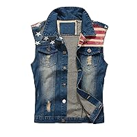 Men's Denim Vest American Flag Sleeveless Button Down Denim Shirt Vest Jean Tank Tops
