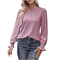Women's Fahsion Eyelet Shirts Ruffle Smocked Long Lantern Sleeve Tops Solid Casual Dressy Blouses for Going Out