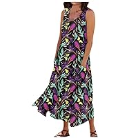 Summer Dresses for Women 2023 Retro Elegant Sleeveless U-Neck Maxi Dress Loose Striped Print Sun Dress with Pockets