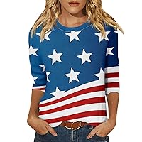 Womens 4Th of July Shirt,Women's Fashion Casual Round Neck 3/4 Sleeve Loose Printed T-Shirt Ladies Top
