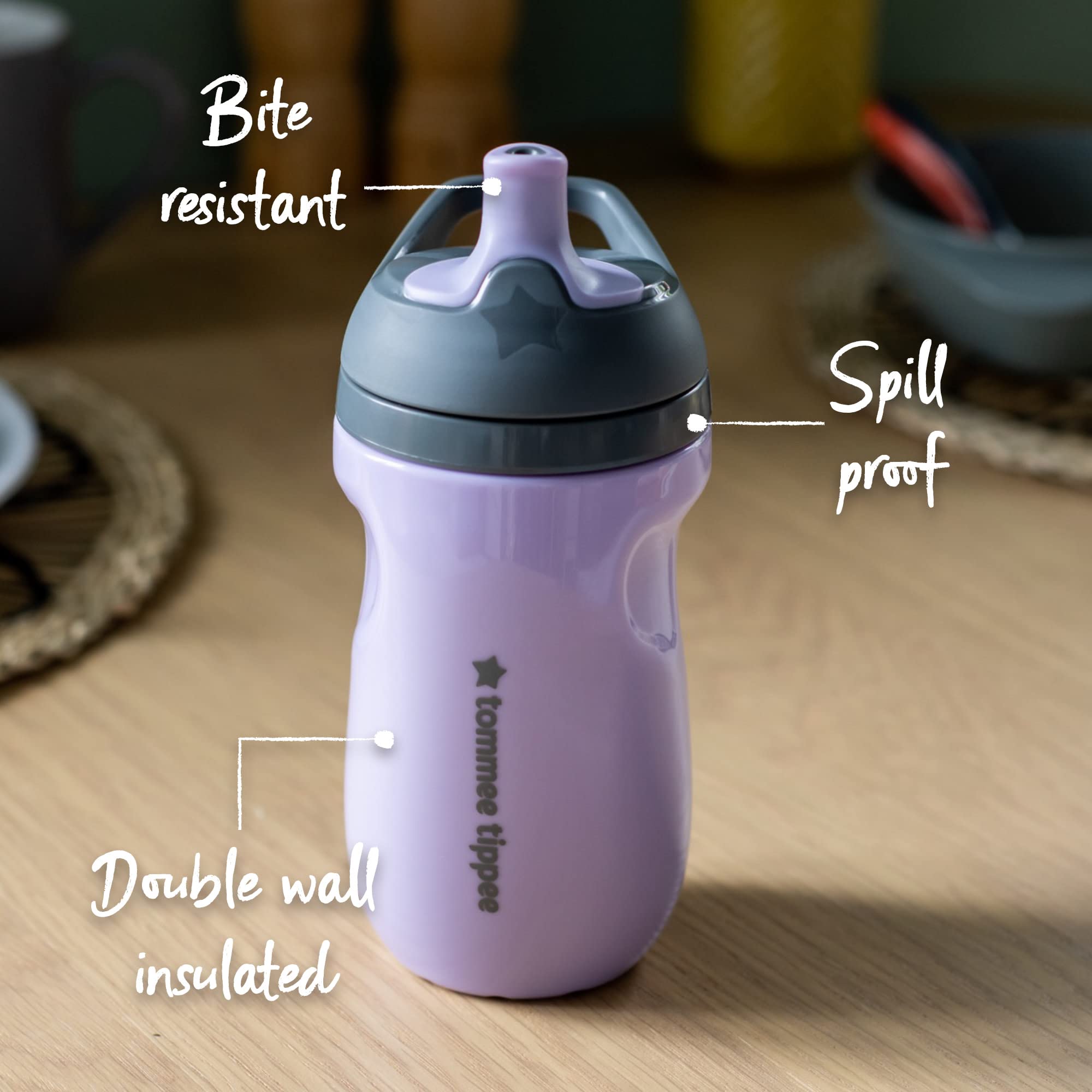 Tommee Tippee Insulated Sportee Bottle, Sippy Cup for Toddlers, 12 Months+, 9oz, Spill-Proof, Easy to Hold Handle, Bite Resistant Spout, Pack of 2, Lilac and Plum