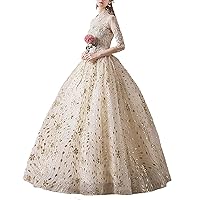 Women Stand Collar Embroidery Wedding Dresses Long Sleeve Puffy Lace Prom Floral Sweet Ball Gown