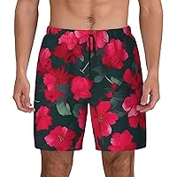 Red Pink Flower Mens Swim Trunks - Beach Shorts Quick Dry with Pockets Shorts Fit Hawaii Beach Swimwear Bathing Suits