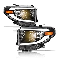 Alpha Owls 8711583 Projector Headlights With White LED Light Bar - Black Amber Fits 2014-2021 Toyota Tundra SR / SR5 / Limited/TRD Pro Without Level Adjuster