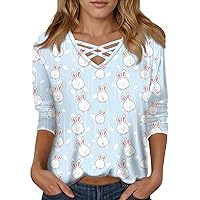 Plus Size Happy Easter T-Shirt for Women Bunny Rabbit Graphic Tees Funny Letter Print 3/4 Sleeve Shirts Tops