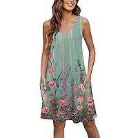 Women's Spring Dresses 2024 Casual Print Summer Bohemian Beach Dress with Pockets V Neck Tank Dress, S-3XL