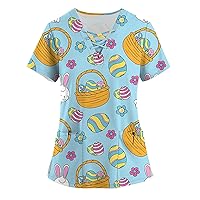Easter Shirts for Toddler Girls, Womens Fashion Corset Tops for Women Plus Size Short Sleeve Tops Women's Shirt Easter Printed Blouse Trendy Tunic V-Neck Pocket Loose Tee Trendy (Light Blue,4X-Large)