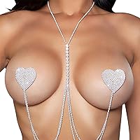 Rhinestone Body Chain Necklace Rhinestone Heart Nipple Stickers Breast Cover Stickers Chest Body Jewelry for Women