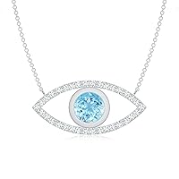 Natural Aquamarine Evil Eye Pendant Necklace with Diamond for Women in Sterling Silver / 14K Solid Gold