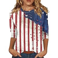 4th of July Shirt Summer Casual 3/4 Sleeve Tops for Womens USA Printed Yom Ha'atzmaut Flag Day Tees