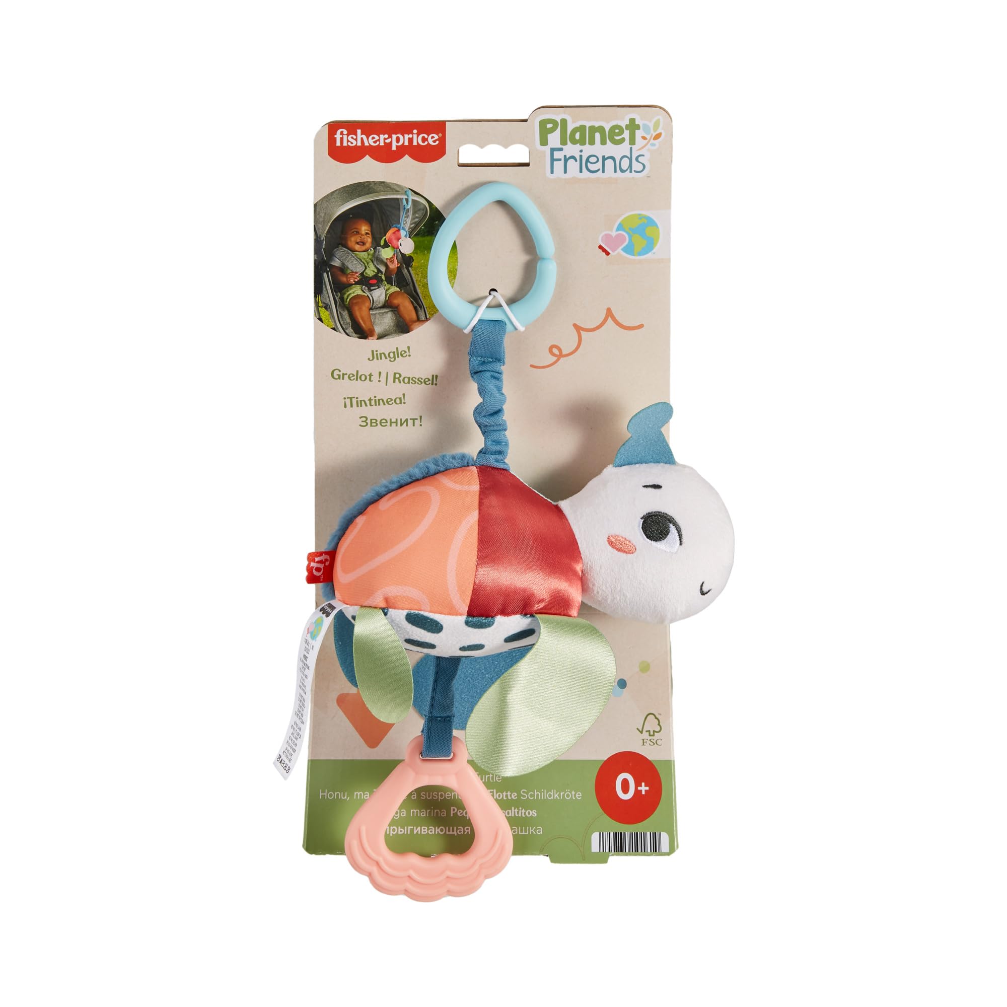 Fisher-Price Baby Stroller-toy Planet Friends Sea Me Bounce Turtle with Teether, Bouncing Motion & Sounds for Newborns