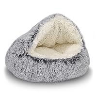 Cat Bed Round Plush Fluffy Hooded Cat Bed Cave, Cozy for Indoor Cats or Small Dog beds, Soothing Pet Beds Doughnut Calm Anti-nxiety Dog Bed - Waterproof Bottom Washable (20×20inch, Grey)