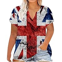 Plus Size American Flag Shirt for Women Patriotic T-Shirts USA Flag 4th of July Tops Notch V Neck Short Sleeve Tee