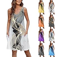 Boho Dresses for Women 2024 Summer Casual Floral Print Vacation Beach Dress V Neck Sleeveless Dresses with Pockets