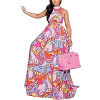 SperLucky Plus Size Colorful Maxi Dress for Women 2024 Casual Sleeveless Boat Neck Floral Print Loose Party Dress