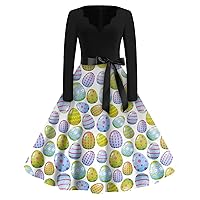 Cocktail Easter Dresses for Women Vacation Long Sleeve Party Midi Dresses Belt V Neck Cute Hepburn Skirt Plus Size
