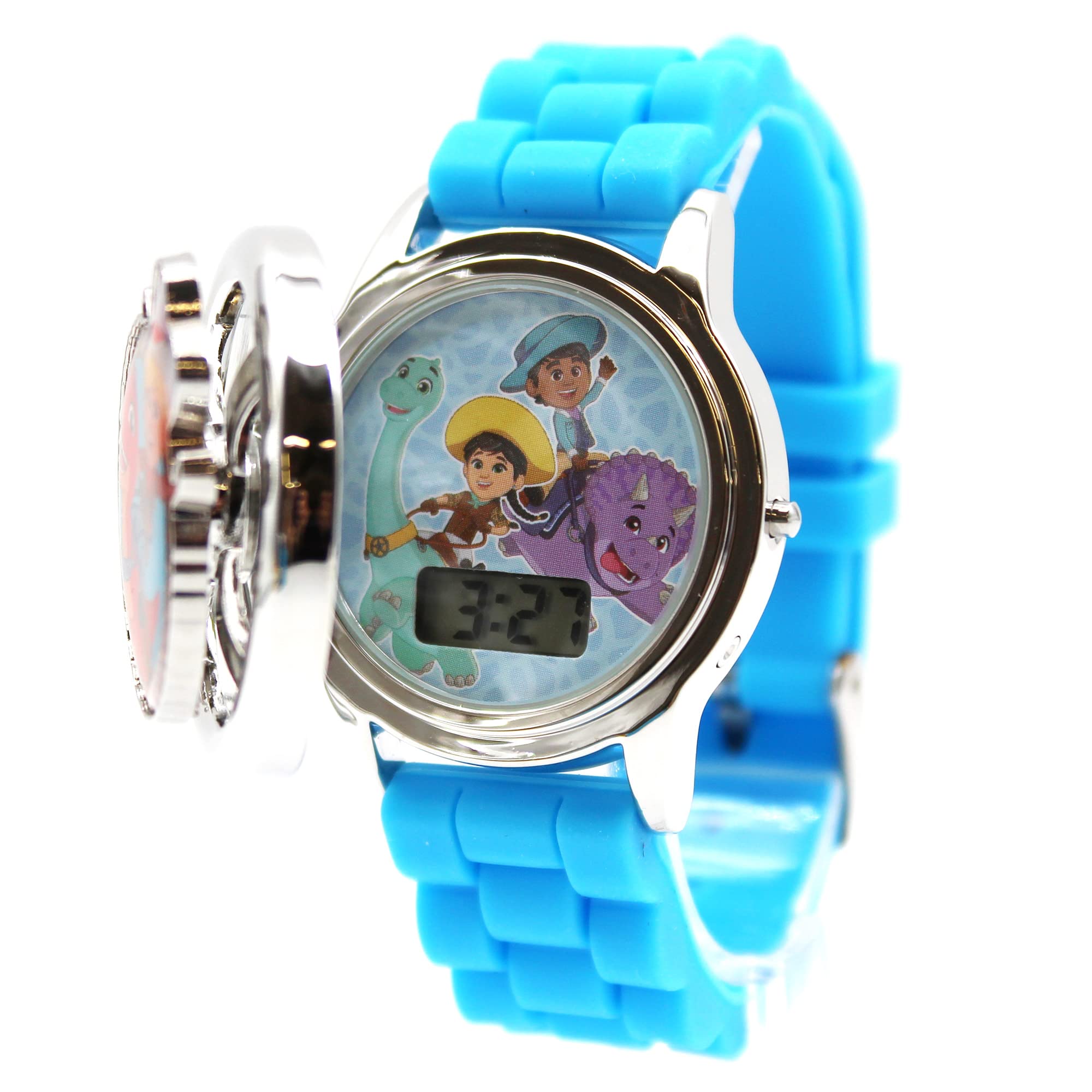 Accutime Kids Dino Ranch Digital LCD Quartz Childrens Wrist Watch for Boys, Girls, Toddlers with Multicolor Face, Blue Strap and Spinner Cover (Model: DNR4000AZ)