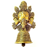 Brass Murti Lord Ganesh Wall Decoration for Home with Bell Ganti on Trunk Mandir Temple Marriage Gift Vastu Dosh Feng Shui Antique Height 10 Inch Gold Color