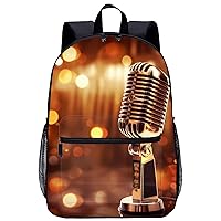 Gold Metal Microphone Musical Note 17 Inch Laptop Backpack Large Capacity Daypack Travel Shoulder Bag for Men&Women