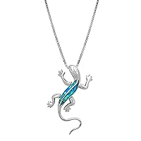 Honolulu Jewelry Company Sterling Silver Gecko Necklace Pendant with Simulated Blue Opal and 18