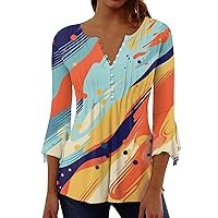 Womens Tunic Tops 3/4 Sleeve，Trendy V Neck Pleated Print Henley Spring Tops for Women Casual New Years Shirts Women