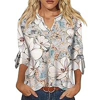 Ladies Summer Tops and Blouses 2023,Fall 3/4 Length Sleeve Womens Tops Casual 3/4 Length Sleeves V-Neck Lace Floral T-Shirt