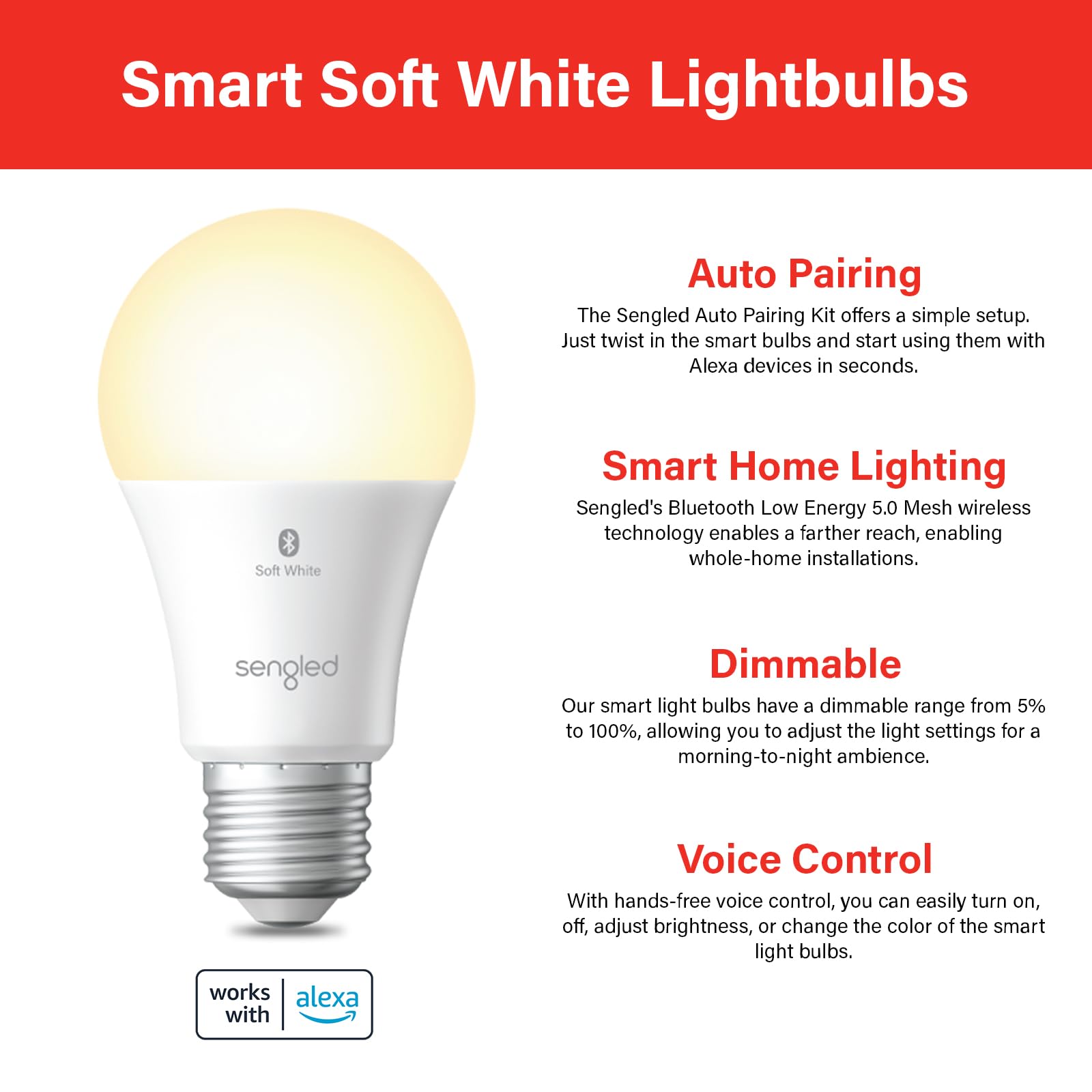 Sengled Alexa Light Bulb, S1 Auto Pairing with Alexa Devices, Warm Light Bulbs, Smart Light Bulbs that work with Alexa, Bluetooth Mesh Smart Home Lighting, E26 60W Equivalent, 800LM, 1-Pack