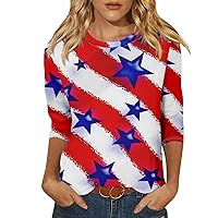 4Th of July Shirts Women 3/4 Sleeve Round Neck Cute Patriotic Shirts Casual Print Three Quarter Length T Shirt