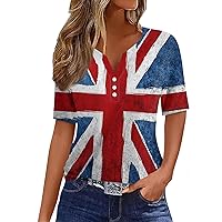 Women's Independence Day T Shirt, Star Print Button Down V- Neck Short Sleeve Tops Casual Loose Patriotic T-Shirt