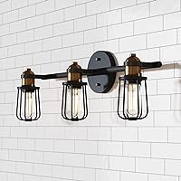 Nathan James Rori Wall Mount Industrial 3-Light Vanity Light Fixture, Bathroom Wall Light with Farmhouse Cage Metal Shade Sconce and Brass Details for Above Sink or Mirror,Black