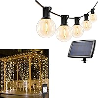 Lighting EVER Bundle - 306 LED Curtain Lights & 25 ft Solar Outdoor String Lights, Patio String Lights for Porch, Backyard, Deck, Garden, Gazebo, Pergola