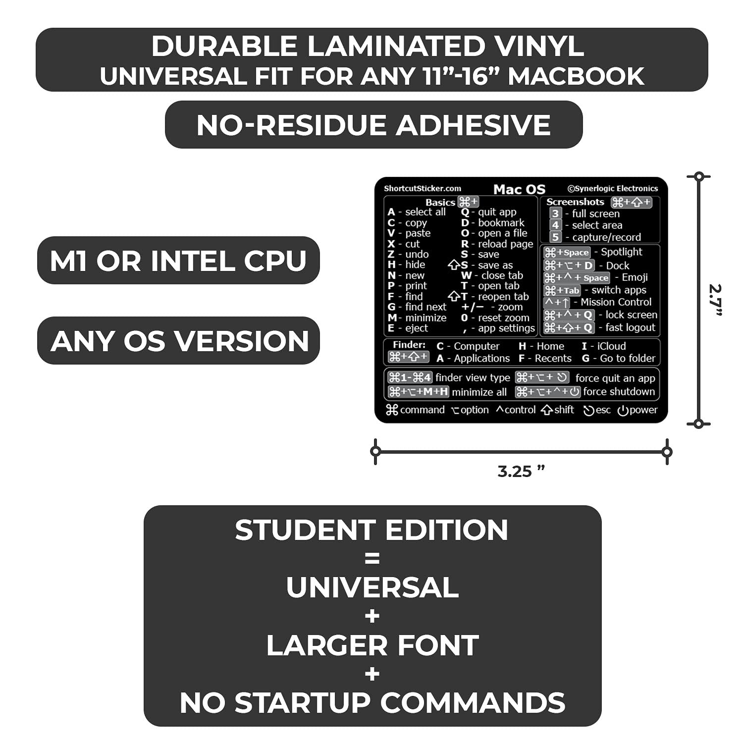 SYNERLOGIC (Universal for Mac) Mac OS Reference Keyboard Shortcut Sticker, No-Residue Laminated Vinyl - for Any MacBook Air/Pro/iMac/Mini (Black)