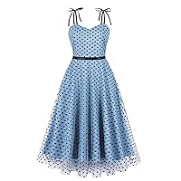 Women's Polka Dots Mesh Patchwork Cocktail Dress Lace-Up Spaghetti Strap A-Line Dress 1950s Vintage Tulle Dresses