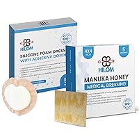 Medical Grade Manuka Honey Gauze Dressing (5 Pack - Non-Adherent) 4 in x 4 in with Silicone Foam Dressing with Adhesive Border (5 pack - Waterproof Dressing) 7 inch x 7 inch | First Aid for Mino