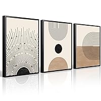 Mid Century Modern Wall Art Set of 3 Neutral Boho Art Prints Abstract Geometric Wall Art Picture Black Beige Terracotta Minimalist Painting Canvas Artwork for Living Room Bedroom 12x16 Inch FRAMED