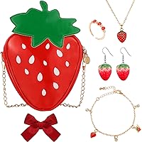 6 Pcs Fruit Jewelry Set Purse Cross Body Chain Bag Cute Dangle Earrings Necklace Bracelet Ring Bow for Girl Women