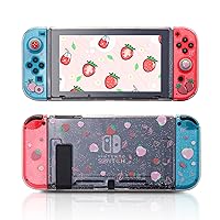 Switch Protective Case, Clear Switch Glitter Case with Tempered Glass Screen Protector and Thumb Grip Caps - Strawberry and Peach